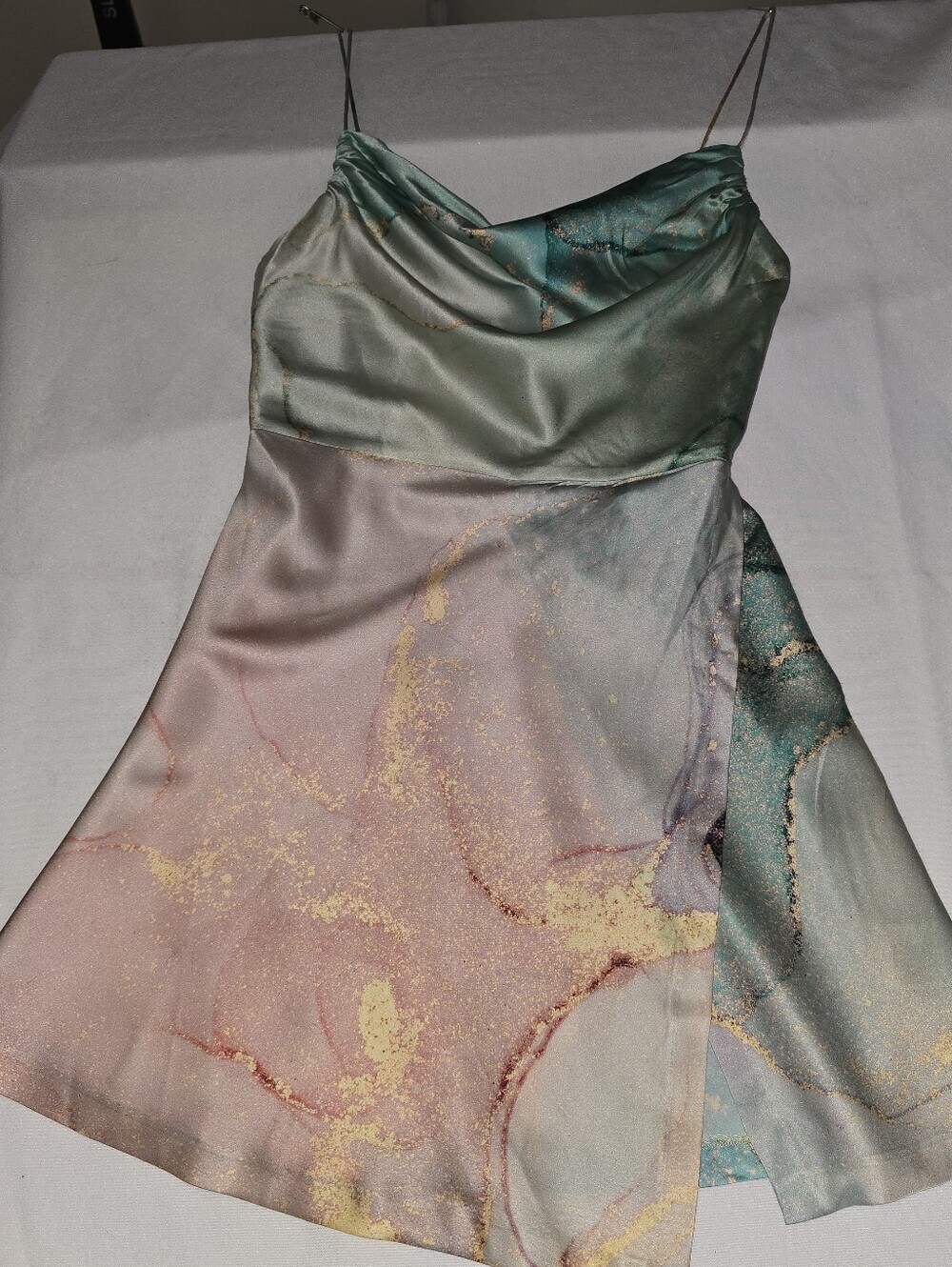 Retrofete Pastel Pink and Teal Marble Satin Mini Dress
